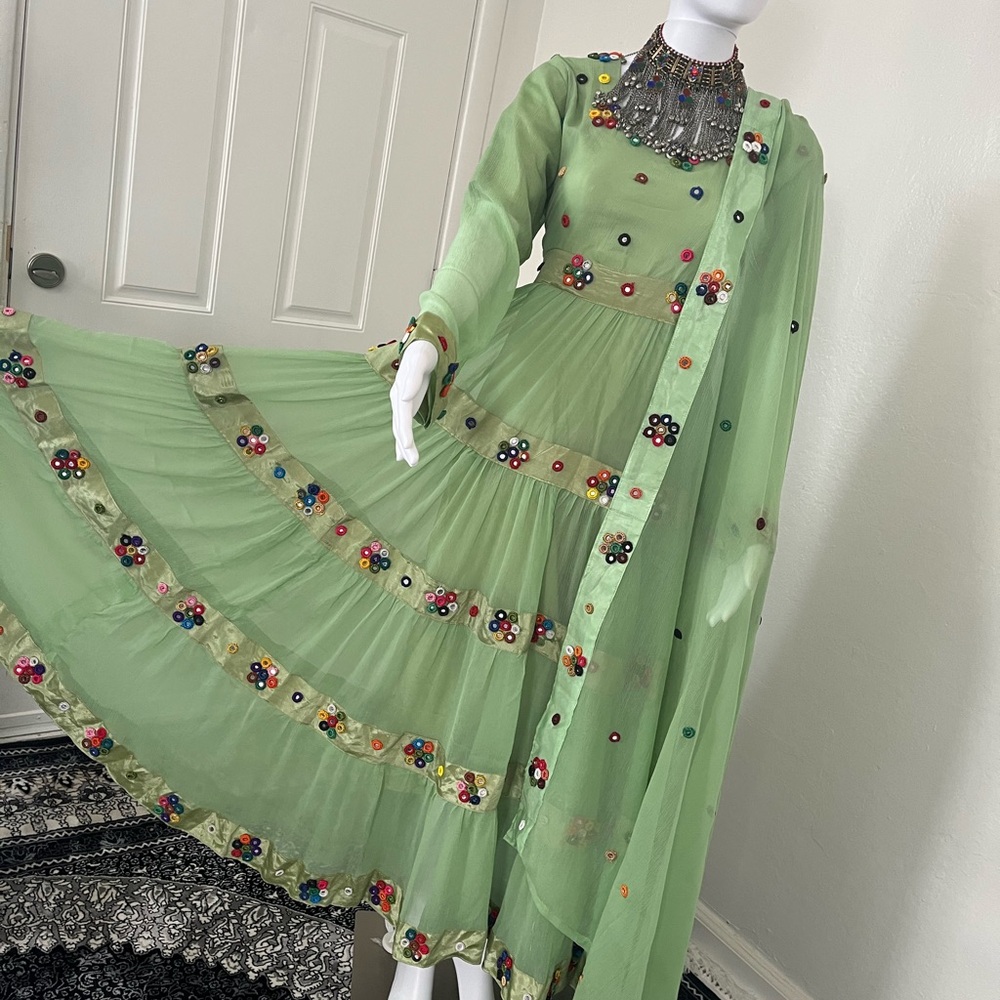 Elegant Green Floral Dress with jewelry